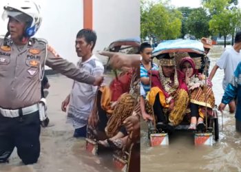 Viral! Aiptu Usman Bantu Pasangan Pengantin yang Terjebak Banjir