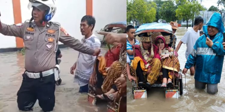 Viral! Aiptu Usman Bantu Pasangan Pengantin yang Terjebak Banjir