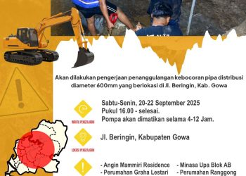 PDAM Makassar Akan Lakukan Perbaikan Pipa Bocor di Beringin, Warga Diimbau Menampung Air