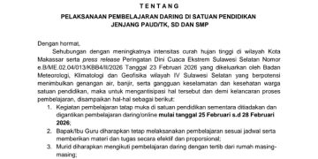 Cuaca Ekstrem, Disdik Makassar Terbitkan SE Sekolah PAUD hingga SMP Belajar Daring